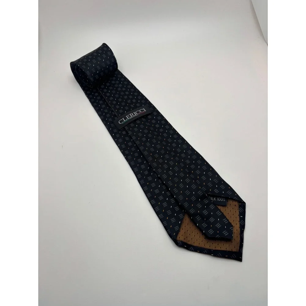 Clericci Mens Silk Necktie Navy Blue Orange Geometric Pattern Italian Style